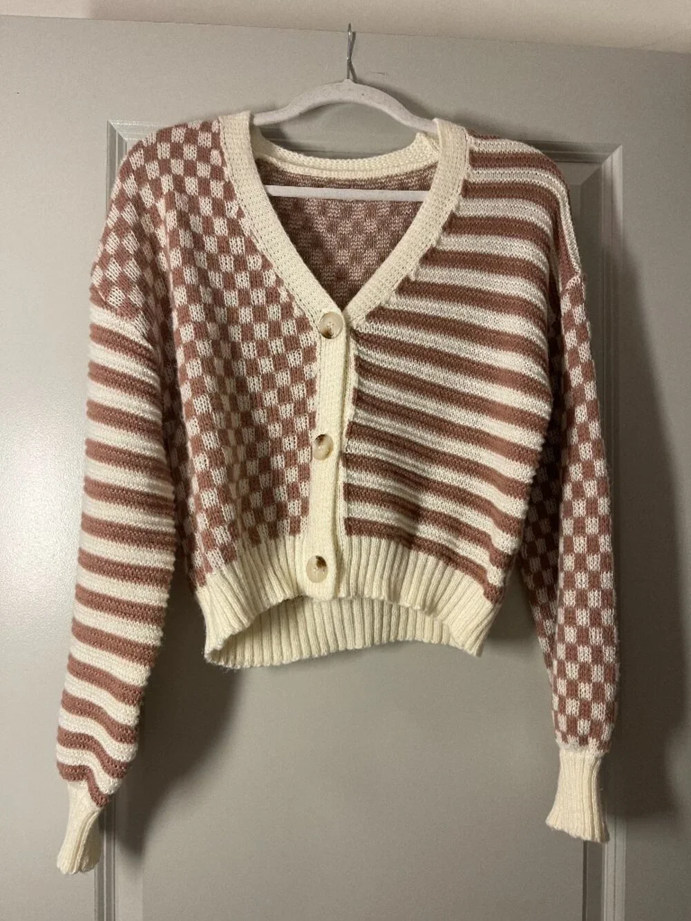 Checker Pattern Drop Shoulder Cardigan - Picture 2 of 7